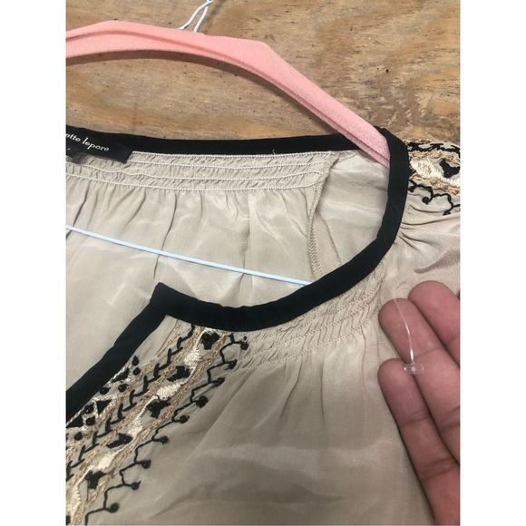 NANETTE LEPORE Beaded Blouse Silk Tan Black Bohemian Top*, Sz Large, MSRP $298 - Picture 2 of 10